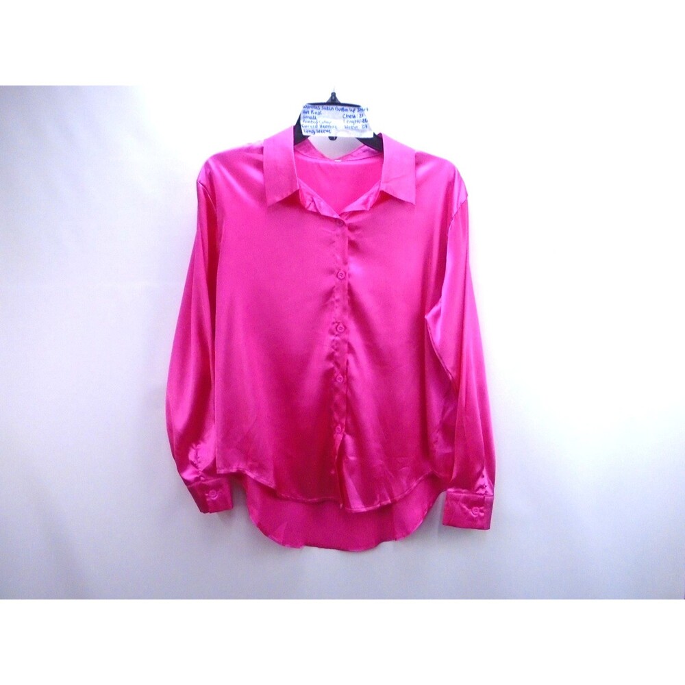 Womens Hot Pink Satin Button Up Shirt Size Small Pointed Collar Long Sleeve